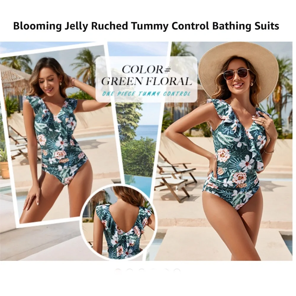 Blooming Jelly V-Neck Ruffle Trim Tummy Slimming Swimsuit - Picture 5 of 13